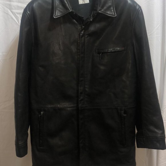 M/L Armani Collezioni MEN Black Real Leather Heavy Long Coat lo Jacket ITALY - Picture 3 of 14
